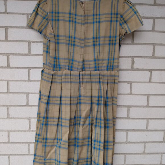 Vintage 50s Rockabilly Dress 41" Bust 33" Waist Khaki Blue Plaid Lightweight - Picture 7 of 12